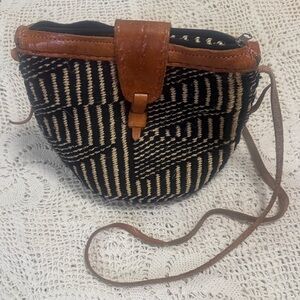 Black and Tan Sisal Bag With Leather Crossbody Strap